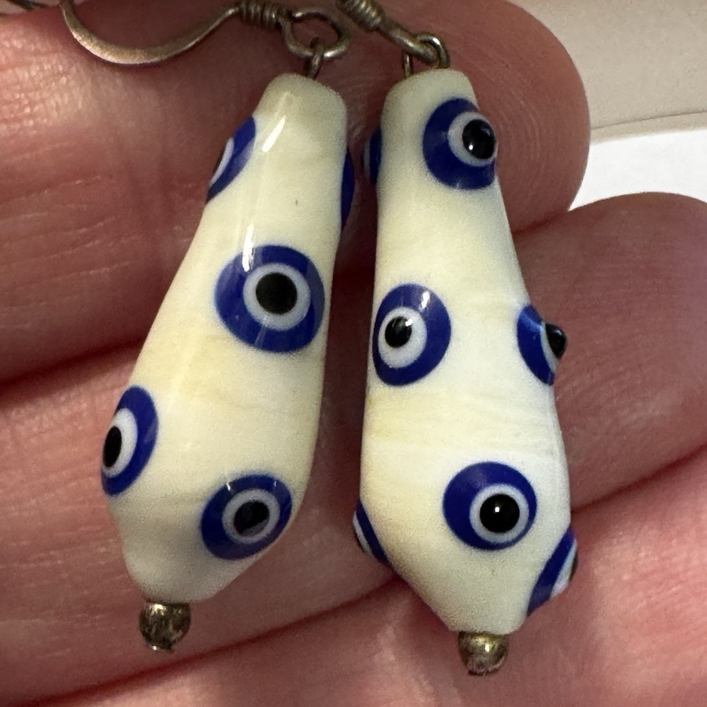 La Sonrisa by Tara Evil Eye Glass‎ Teardrop Earrings Sterling Silver Blue Ivory - Picture 4 of 6